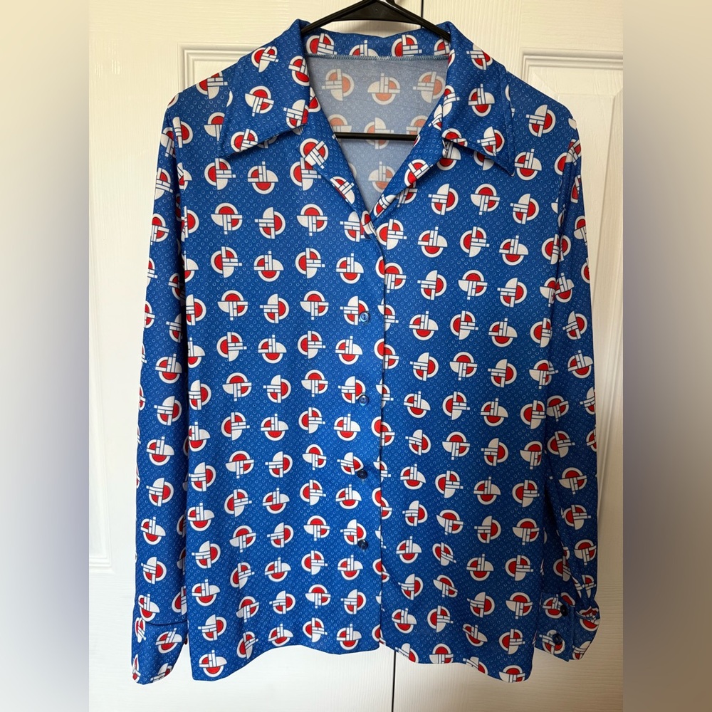 VTG Handmade Stylish Blue Patterned Buttoned Up Space Shirt Small 70s